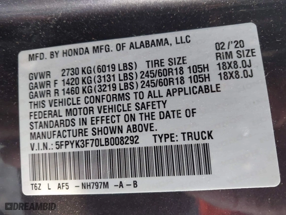 2020 Honda Ridgeline RTL-E with VIN 5FPYK3F70LB008292, listed as a IAAI auction lot 41357744 with 81,961 mi miles. Bid and sale history available at carsss.com. Image 9.