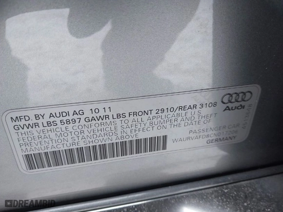 2012 Audi A8 L with VIN WAURVAFD8CN017206, listed as a IAAI auction lot 41626707 with 138,922 mi miles. Bid and sale history available at carsss.com. Image 9.