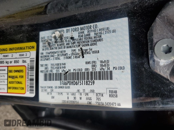 2015 Ford Fusion SE with VIN 1FA6P0HD6F5118259, listed as a Copart auction lot 56365005 with 93,185 mi miles and Clean Title. Bid and sale history available at DreamBid. Image 12.