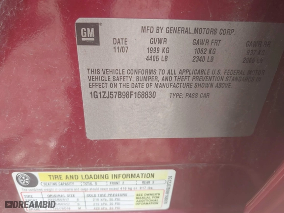 2008 Chevrolet Malibu LT w/2LT with VIN 1G1ZJ57B98F168830, listed as a IAAI auction lot 40113730 with 205,457 mi miles. Bid and sale history available at carsss.com. Image 9.