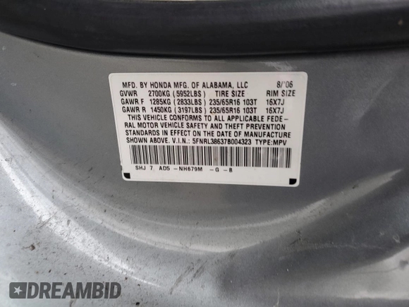 2007 Honda Odyssey EX-L z VIN 5FNRL38637B004323, wystawiony jako Copart lot #59626045 z przebiegiem 178 069 mil mil oraz Szkoda całkowita • Salvage title. Historia ofert i sprzedaży dostępna na DreamBid. Obrazek 13.