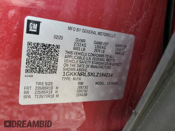 2020 GMC Acadia SLE z VIN 1GKKNRLSXLZ194214, wystawiony jako Copart lot #57032525 z przebiegiem 50 390 mil mil oraz Szkoda całkowita • Salvage title. Historia ofert i sprzedaży dostępna na DreamBid. Obrazek 14.