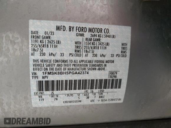2023 Ford Explorer with VIN 1FMSK8BH5PGA42374, listed as a Copart auction lot 82211334 with 67,243 mi miles and Salvage title. Bid and sale history available at DreamBid. Image 13.
