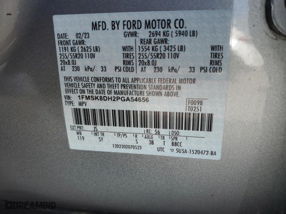2023 Ford Explorer XLT with VIN 1FMSK8DH2PGA54656, listed as a Copart auction lot 48064635 with 17,902 mi miles and Salvage Title. Bid and sale history available at carsss.com. Image 16.