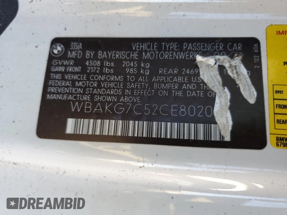 2012 BMW 3 Series 335i with VIN WBAKG7C52CE802073, listed as a Copart auction lot 41784224 with 0 mi miles and Salvage Title. Bid and sale history available at carsss.com. Image 14.