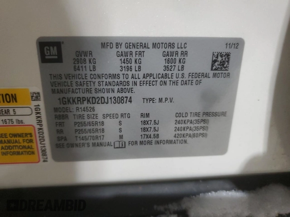 2013 GMC Acadia SLE with VIN 1GKKRPKD2DJ130874, listed as a Copart auction lot 45743065 with 85,586 mi miles and Salvage Title. Bid and sale history available at DreamBid. Image 15.