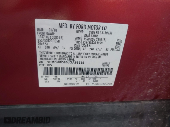 2018 Ford Explorer XLT with VIN 1FM5K8D80JGA88535, listed as a IAAI auction lot 42246491 with 104,006 mi miles and . Bid and sale history available at DreamBid. Image 9.