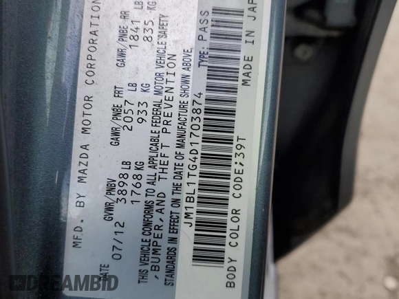 2013 Mazda 3 i SV with VIN JM1BL1TG4D1703874, listed as a Copart auction lot 51296335 with 120,530 mi miles and Clean Title. Bid and sale history available at DreamBid. Image 12.