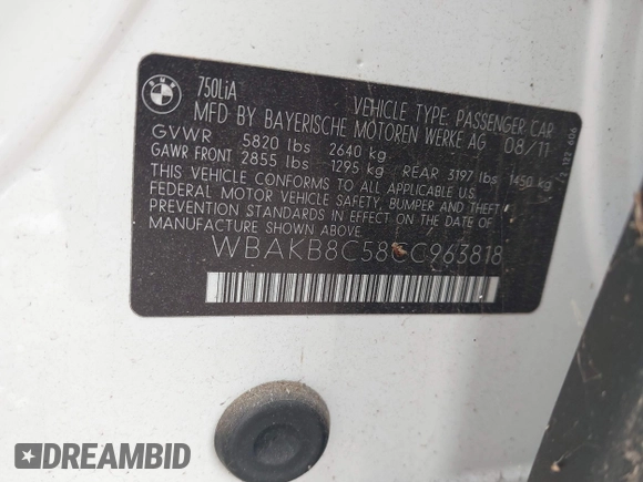 2012 BMW 7 Series 750Li с VIN WBAKB8C58CC963818, выставлен на аукционе IAAI как лот 42346005 с пробегом 189 995 миль миль и . История ставок и продаж доступна на DreamBid. Изображение 9.