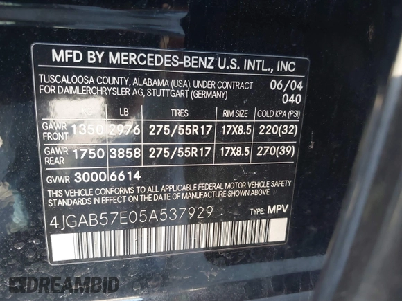 2005 Mercedes-Benz M-Class 3.7L with VIN 4JGAB57E05A537929, listed as a IAAI auction lot 41735013 with 175,695 mi miles. Bid and sale history available at carsss.com. Image 9.