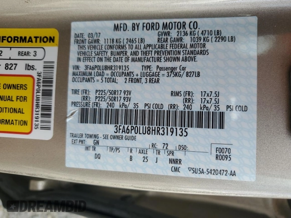 2017 Ford Fusion Hybrid SE with VIN 3FA6P0LU8HR319135, listed as a Copart auction lot 57462035 with 75,288 mi miles and Salvage title. Bid and sale history available at DreamBid. Image 12.