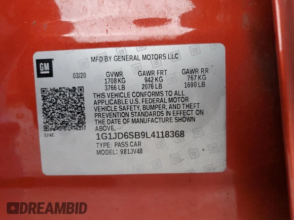 2020 Chevrolet Sonic LT with VIN 1G1JD6SB9L4118368, listed as a Copart auction lot 80234344 with 89,594 mi miles and Salvage title. Bid and sale history available at DreamBid. Image 15.