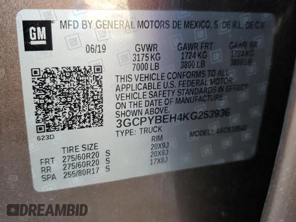 2019 Chevrolet Silverado 1500 Custom with VIN 3GCPYBEH4KG253936, listed as a Copart auction lot 86851514 with 36,320 mi miles and Salvage Title. Bid and sale history available at DreamBid. Image 12.