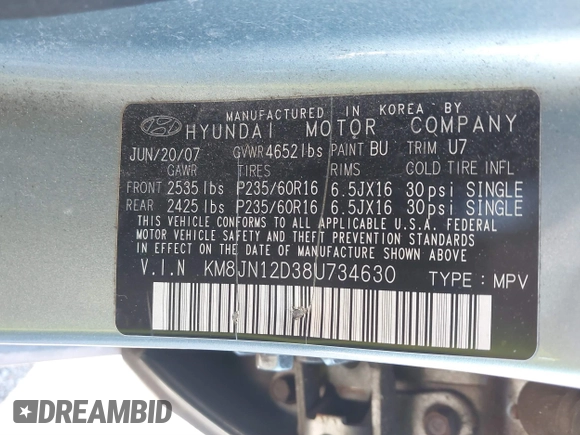 2008 Hyundai Tucson SE with VIN KM8JN12D38U734630, listed as a IAAI auction lot 40819696 with 240,265 mi miles and . Bid and sale history available at DreamBid. Image 9.