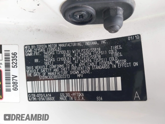2011 Toyota Sienna XLE AAS with VIN 5TDYK3DC8BS003313, listed as a IAAI auction lot 41830631 with 214,514 mi miles and . Bid and sale history available at DreamBid. Image 9.