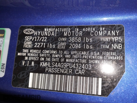 2023 Hyundai Elantra SEL with VIN KMHLS4AG9PU432403, listed as a IAAI auction lot 41906543 with 35,490 mi miles and . Bid and sale history available at DreamBid. Image 9.
