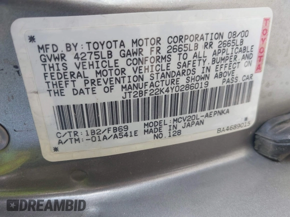 2000 Toyota Camry LE z VIN JT2BF22K4Y0286019, wystawiony jako IAAI lot #42083096 z przebiegiem 191 195 mil mil oraz . Historia ofert i sprzedaży dostępna na DreamBid. Obrazek 9.