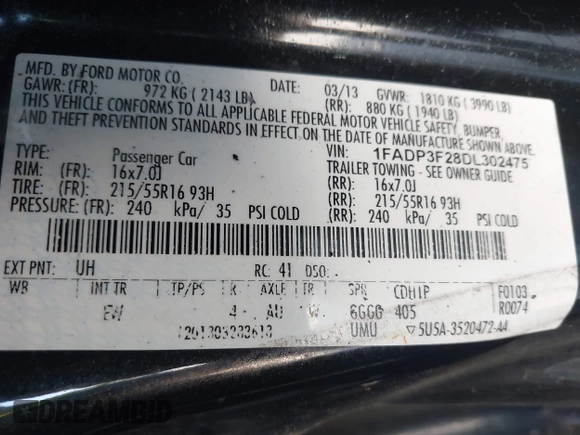 2013 Ford Focus SE with VIN 1FADP3F28DL302475, listed as a IAAI auction lot 42046024 with 110,446 mi miles. Bid and sale history available at carsss.com. Image 9.