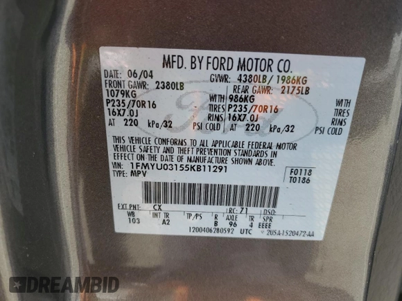 2005 Ford Escape XLT z VIN 1FMYU03155KB11291, wystawiony jako Copart lot #52246495 z przebiegiem Nie podano mil oraz Szkoda całkowita • Salvage title. Historia ofert i sprzedaży dostępna na DreamBid. Obrazek 12.