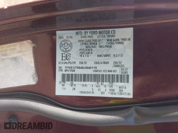 2006 Ford Explorer Limited with VIN 1FMEU75846UB40115, listed as a IAAI auction lot 41795679 with 130,675 mi miles and . Bid and sale history available at DreamBid. Image 9.