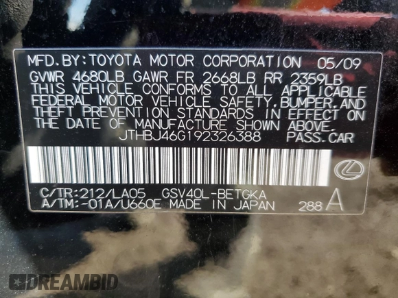 2009 Lexus ES 330 with VIN JTHBJ46G192326388, listed as a Copart auction lot 46501215 with 131,911 mi miles and Salvage Title. Bid and sale history available at DreamBid. Image 12.