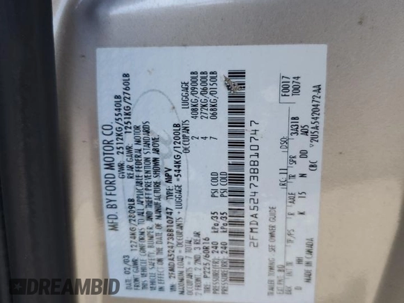 2003 Ford Windstar SE z VIN 2FMDA52473BB10747, wystawiony jako Copart lot #54301075 z przebiegiem 74 513 mil mil oraz Czysty tytuł • Clean title. Historia ofert i sprzedaży dostępna na DreamBid. Obrazek 13.