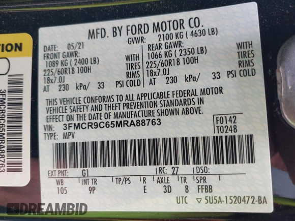 2021 Ford Bronco Sport Outer Banks z VIN 3FMCR9C65MRA88763, wystawiony jako IAAI lot #42113358 z przebiegiem 17 495 mil mil oraz . Historia ofert i sprzedaży dostępna na DreamBid. Obrazek 9.