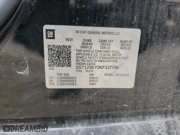 2019 GMC Sierra 2500HD Denali with VIN 1GT12SEY3KF127706, listed as a Copart auction lot 45339035 with 0 mi miles and Salvage Title. Bid and sale history available at carsss.com. Image 12.