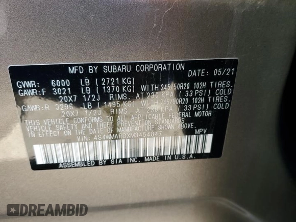 2021 Subaru Ascent Touring with VIN 4S4WMARDXM3454847, listed as a Copart auction lot 49507575 with 43,123 mi miles and Salvage Title. Bid and sale history available at carsss.com. Image 13.