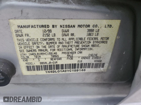 2000 Nissan Altima GXE with VIN 1N4DL01A9YC159146, listed as a Copart auction lot 75762784 with 103,612 mi miles and Salvage Title. Bid and sale history available at carsss.com. Image 14.