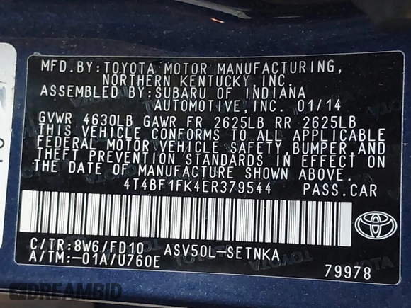 2014 Toyota Camry L with VIN 4T4BF1FK4ER379544, listed as a IAAI auction lot 41837701 with 114,136 mi miles. Bid and sale history available at carsss.com. Image 9.