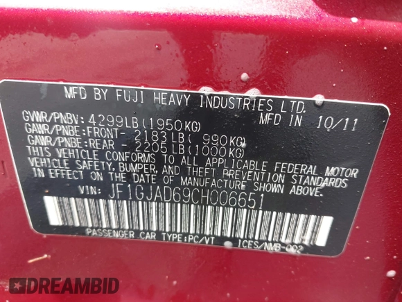 2012 Subaru Impreza Premium с VIN JF1GJAD69CH006651, выставлен на аукционе IAAI как лот 42271943 с пробегом Не указан миль и . История ставок и продаж доступна на DreamBid. Изображение 9.