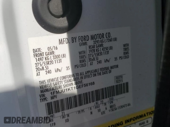 2016 Ford Expedition Limited with VIN 1FMJU1KT1GEF56168, listed as a Copart auction lot 54842505 with 128,885 mi miles and Salvage title. Bid and sale history available at DreamBid. Image 12.