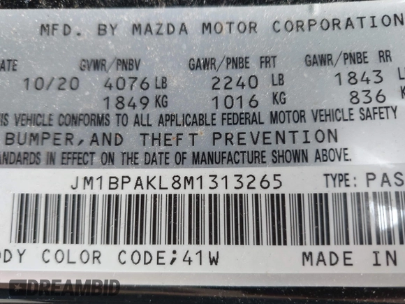 2021 Mazda 3 Select с VIN JM1BPAKL8M1313265, выставлен на аукционе IAAI как лот 39937954 с пробегом 77 446 миль миль и . История ставок и продаж доступна на DreamBid. Изображение 9.