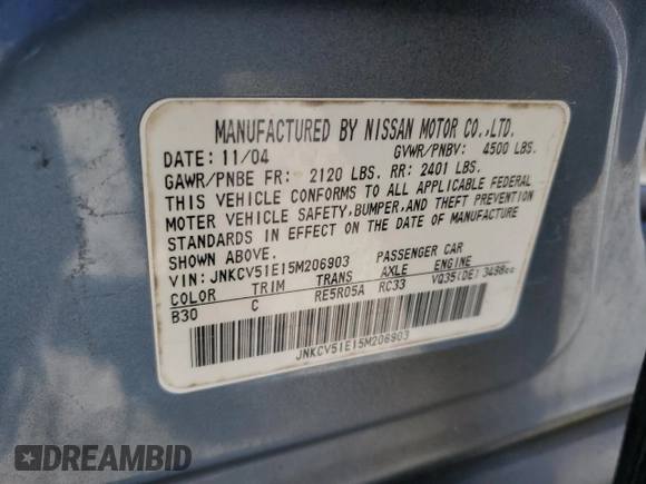 2005 Infiniti G35 with VIN JNKCV51E15M206903, listed as a Copart auction lot 76564124 with 261,392 mi miles and Salvage Title. Bid and sale history available at DreamBid. Image 13.