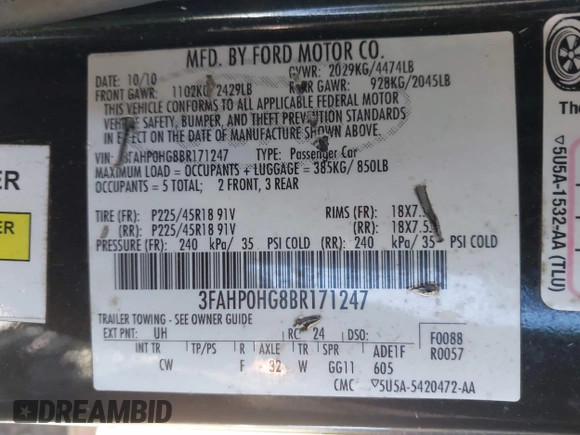 2011 Ford Fusion SE with VIN 3FAHP0HG8BR171247, listed as a IAAI auction lot 41536601 with 237,589 mi miles. Bid and sale history available at carsss.com. Image 9.