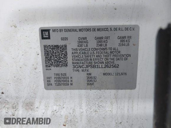 2020 Chevrolet Trax LT with VIN 3GNCJPSB1LL262562, listed as a IAAI auction lot 42547699 with 115,158 mi miles and . Bid and sale history available at DreamBid. Image 9.