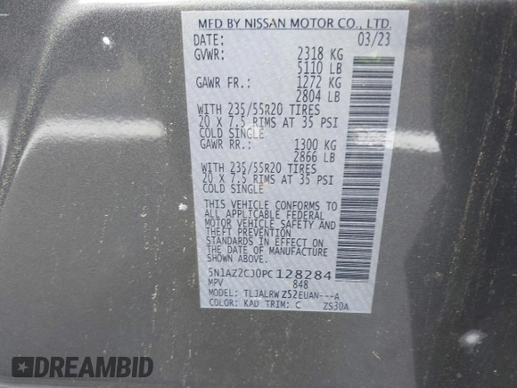 2023 Nissan Murano SL with VIN 5N1AZ2CJ0PC128284, listed as a IAAI auction lot 42169152 with 62,022 mi miles and . Bid and sale history available at DreamBid. Image 9.