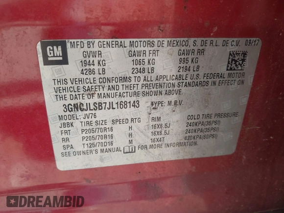 2018 Chevrolet Trax LT with VIN 3GNCJLSB7JL168143, listed as a IAAI auction lot 42088555 with 94,234 mi miles. Bid and sale history available at carsss.com. Image 9.