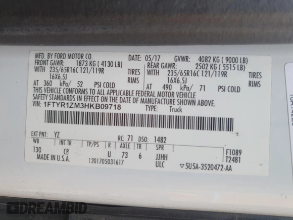 2017 Ford Transit с VIN 1FTYR1ZM3HKB09718, выставлен на аукционе Copart как лот 64148895 с пробегом 121 901 миль миль и Списание • Salvage title. История ставок и продаж доступна на DreamBid. Изображение 13.