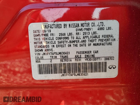 2020 Infiniti Q50 Red Sport 400 with VIN JN1FV7AP5LM630421, listed as a Copart auction lot 46098215 with Not provided miles and Salvage title. Bid and sale history available at DreamBid. Image 14.