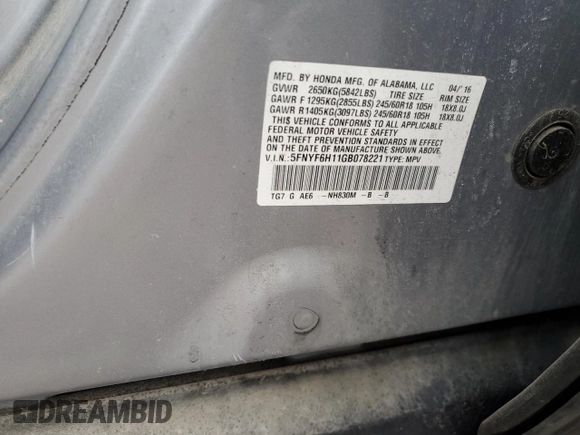 2016 Honda Pilot LX with VIN 5FNYF6H11GB078221, listed as a Copart auction lot 86346634 with 172,021 mi miles and Salvage Title. Bid and sale history available at carsss.com. Image 12.