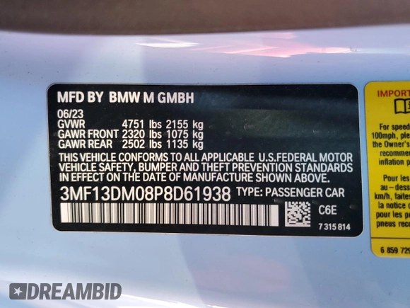 2023 BMW M2 z VIN 3MF13DM08P8D61938, wystawiony jako Copart lot #54219205 z przebiegiem 17 311 mil mil oraz Szkoda całkowita • Salvage title. Historia ofert i sprzedaży dostępna na DreamBid. Obrazek 12.