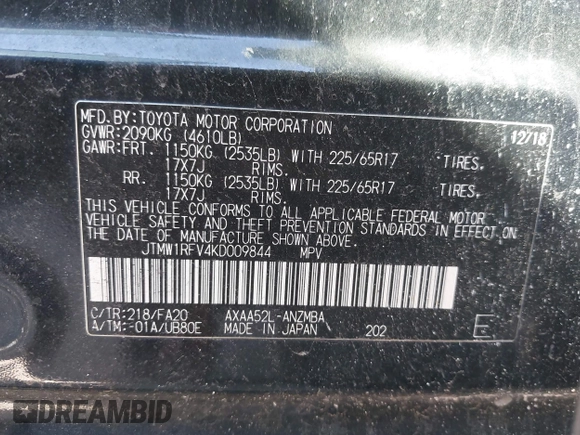 2019 Toyota RAV4 XLE with VIN JTMW1RFV4KD009844, listed as a IAAI auction lot 41688092 with 86,241 mi miles. Bid and sale history available at carsss.com. Image 9.