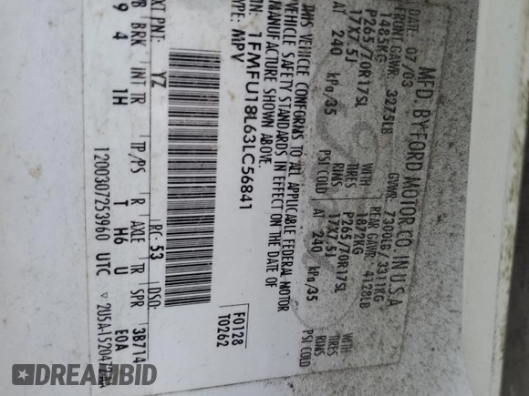 2003 Ford Expedition Eddie Bauer with VIN 1FMFU18L63LC56841, listed as a Copart auction lot 57602345 with Not provided miles and Salvage title. Bid and sale history available at DreamBid. Image 12.