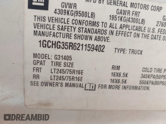 2002 Chevrolet Express Cargo with VIN 1GCHG35R621159402, listed as a IAAI auction lot 42170093 with Not provided miles and . Bid and sale history available at DreamBid. Image 9.