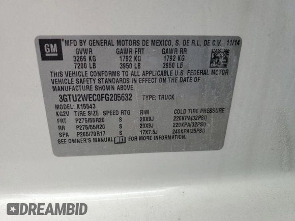 2015 GMC Sierra 1500 Denali z VIN 3GTU2WEC0FG205632, wystawiony jako Copart lot #42509215 z przebiegiem 114 684 mil mil oraz Szkoda całkowita • Salvage title. Historia ofert i sprzedaży dostępna na DreamBid. Obrazek 13.