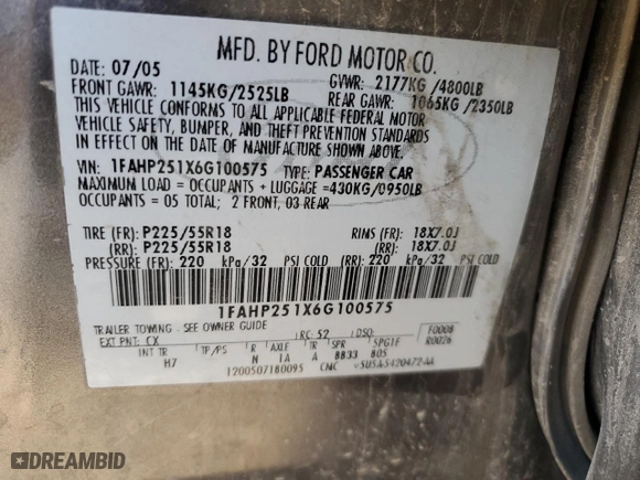 2006 Ford Five Hundred Limited with VIN 1FAHP251X6G100575, listed as a Copart auction lot 49503945 with 218,451 mi miles and Clean Title. Bid and sale history available at carsss.com. Image 12.