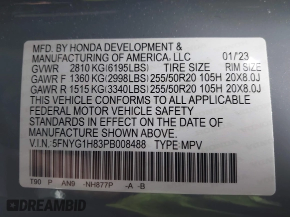 2023 Honda Pilot Elite with VIN 5FNYG1H83PB008488, listed as a IAAI auction lot 41857547 with 32,607 mi miles. Bid and sale history available at carsss.com. Image 9.