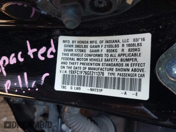 2016 Honda Civic EX-L with VIN 19XFC1F76GE211376, listed as a IAAI auction lot 42229205 with 79,188 mi miles and . Bid and sale history available at DreamBid. Image 9.